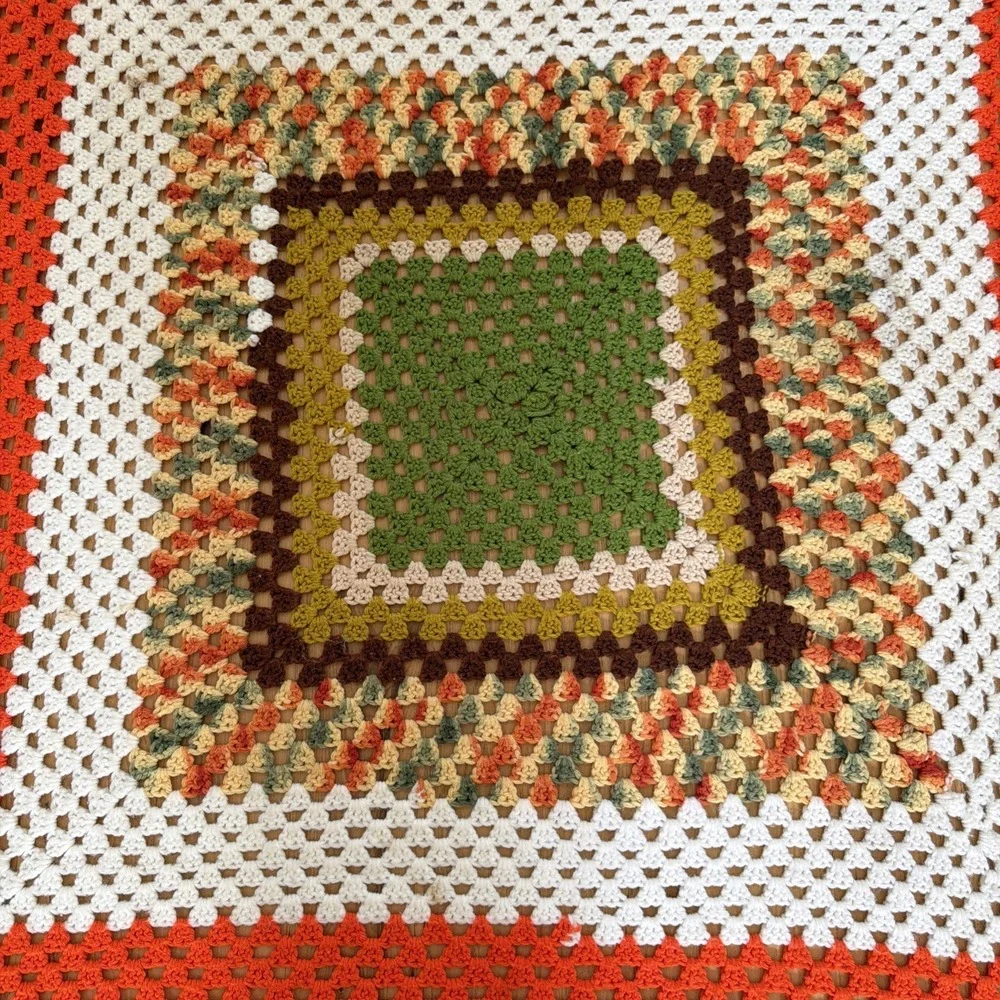 Vintage Hand‎ Chrochet 70's Vibe Orange Green Brown Throw Blanket 63x63in